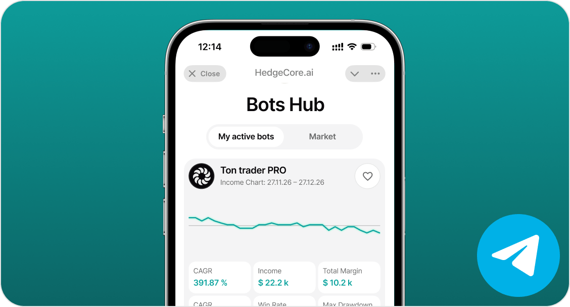 Интерфейс Telegram Mini App с активной стратегией и графиком доходности