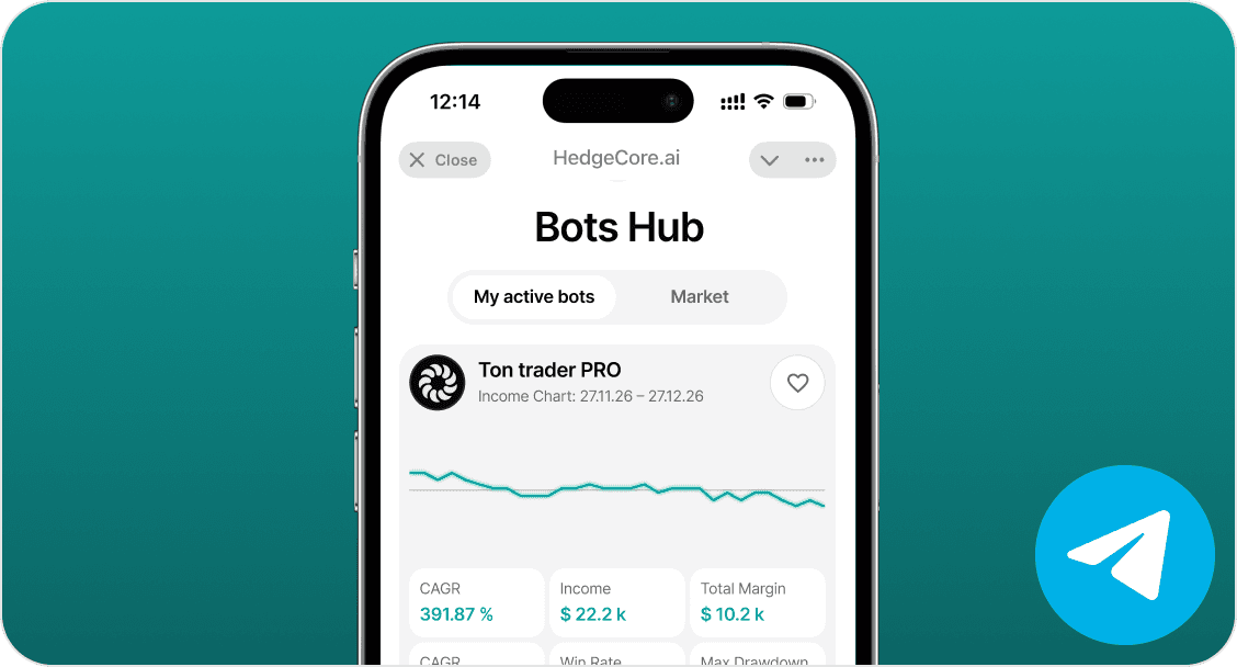 Интерфейс Telegram Mini App с активной стратегией и графиком доходности